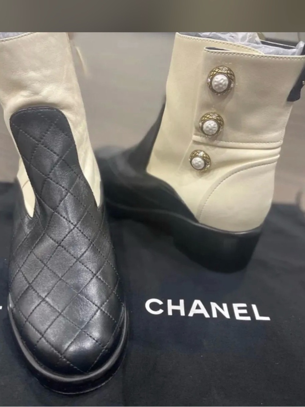 Chanel woman’s Two-Tone Quilted Leather Ankle Boots - Black & Cream size 38